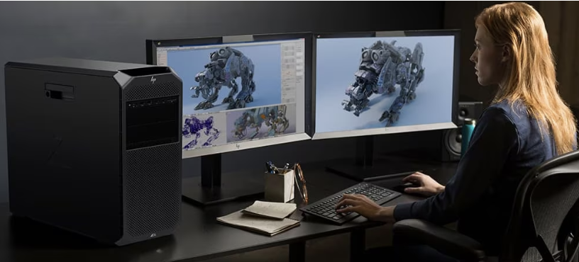 HP business workstation setup with dual monitors for professional design and productivity
