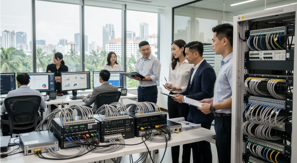 IT professionals reviewing network infrastructure installation and server rack setup in a Singapore office environment